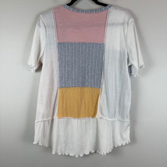 Sugarfox Top Womens Medium Multicolor Patchwork Striped Blouse Cottage Dainty - Picture 3 of 8